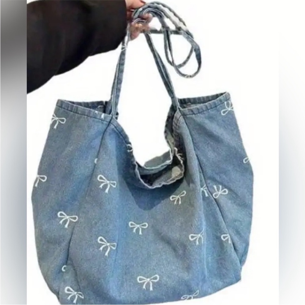 Denim Tote Bag with Bow Accents